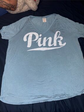PINK Victoria's Secret Light Blue V-Neck Logo Tee